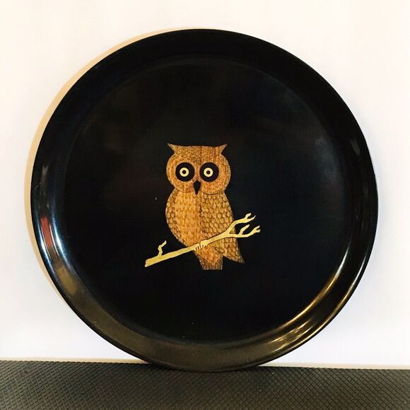 Vintage Couroc of Monterey Owl Round Tray 10.5” Hand Inlaid Design 1960’s - Picture 1 of 4